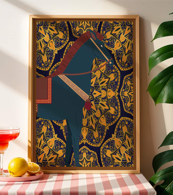 Stylized horse illustration on intricate golden pattern background