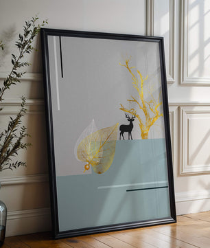 Abstract Deer with Golden Elements and Leaves on Minimalist Background