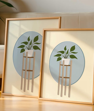 Illustration botanique moderne d'une plante en pot sur un support en bois