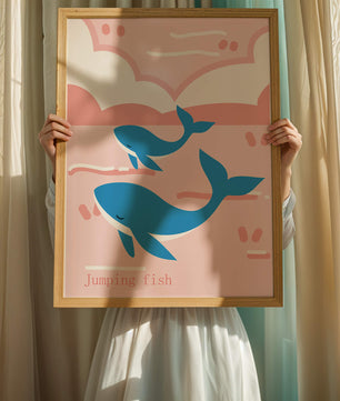 Playful whales illustration in pastel pink and blue