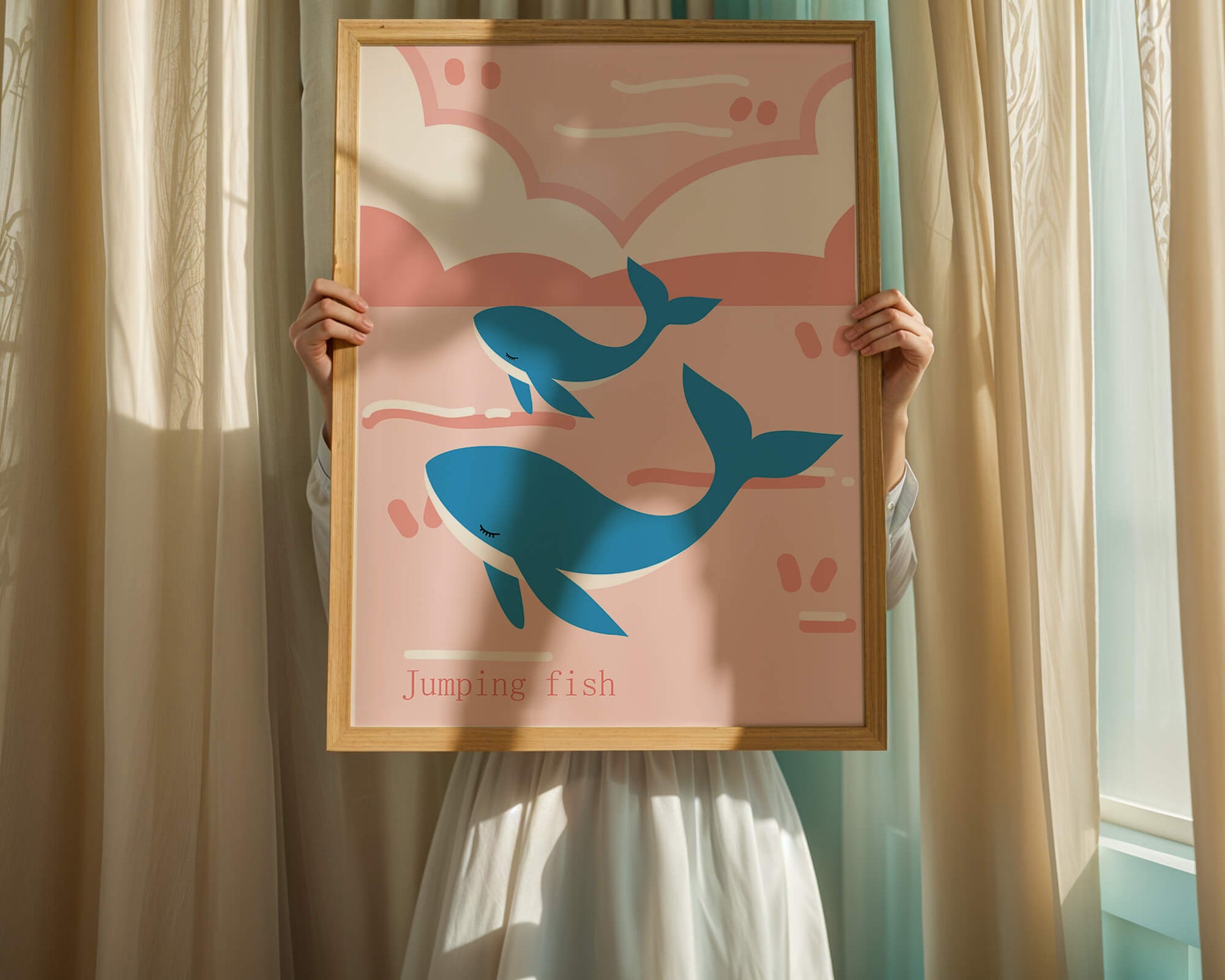 Playful whales illustration in pastel pink and blue
