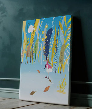 Ilustración caprichosa de una niña en un bosque abstracto vibrante