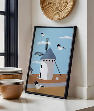 Windmill Landscape with Birds in a Minimalist Style