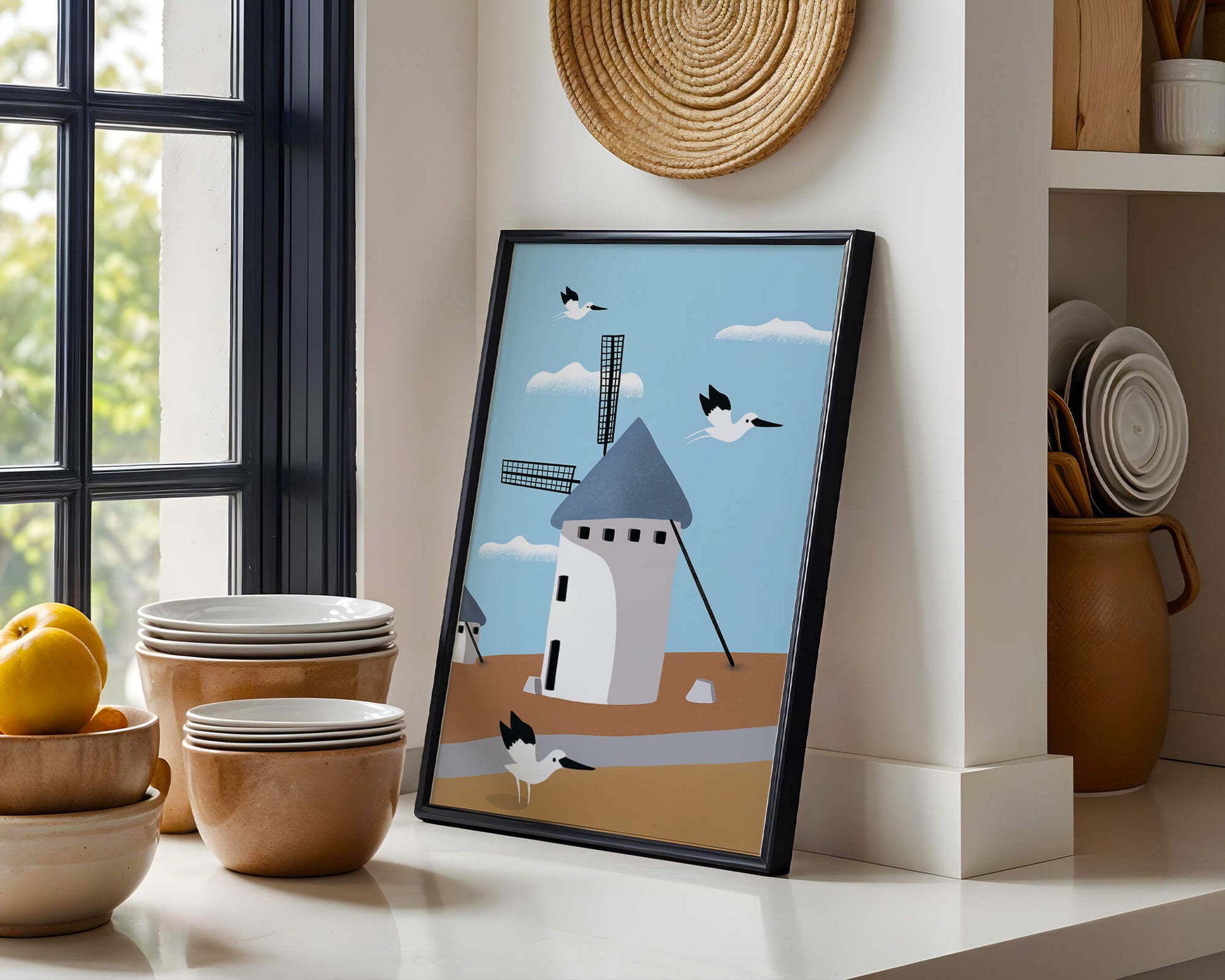 Paisaje de molino de viento con pájaros en estilo minimalista