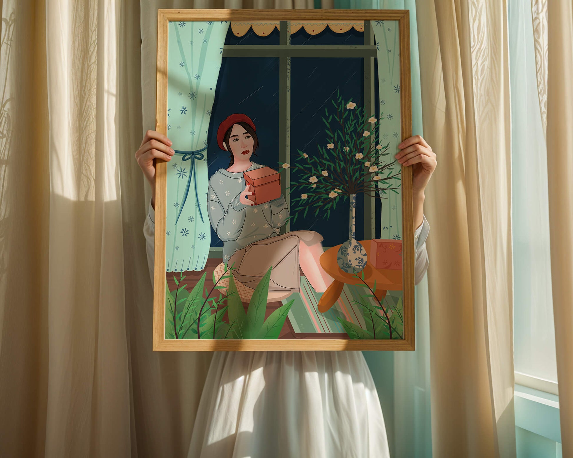 Mujer sosteniendo una caja de regalo en un interior acogedor con flores y ventana lluviosa