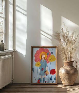 Fille dans un pays des merveilles fleuri avec des couleurs pastel et des fleurs vibrantes
