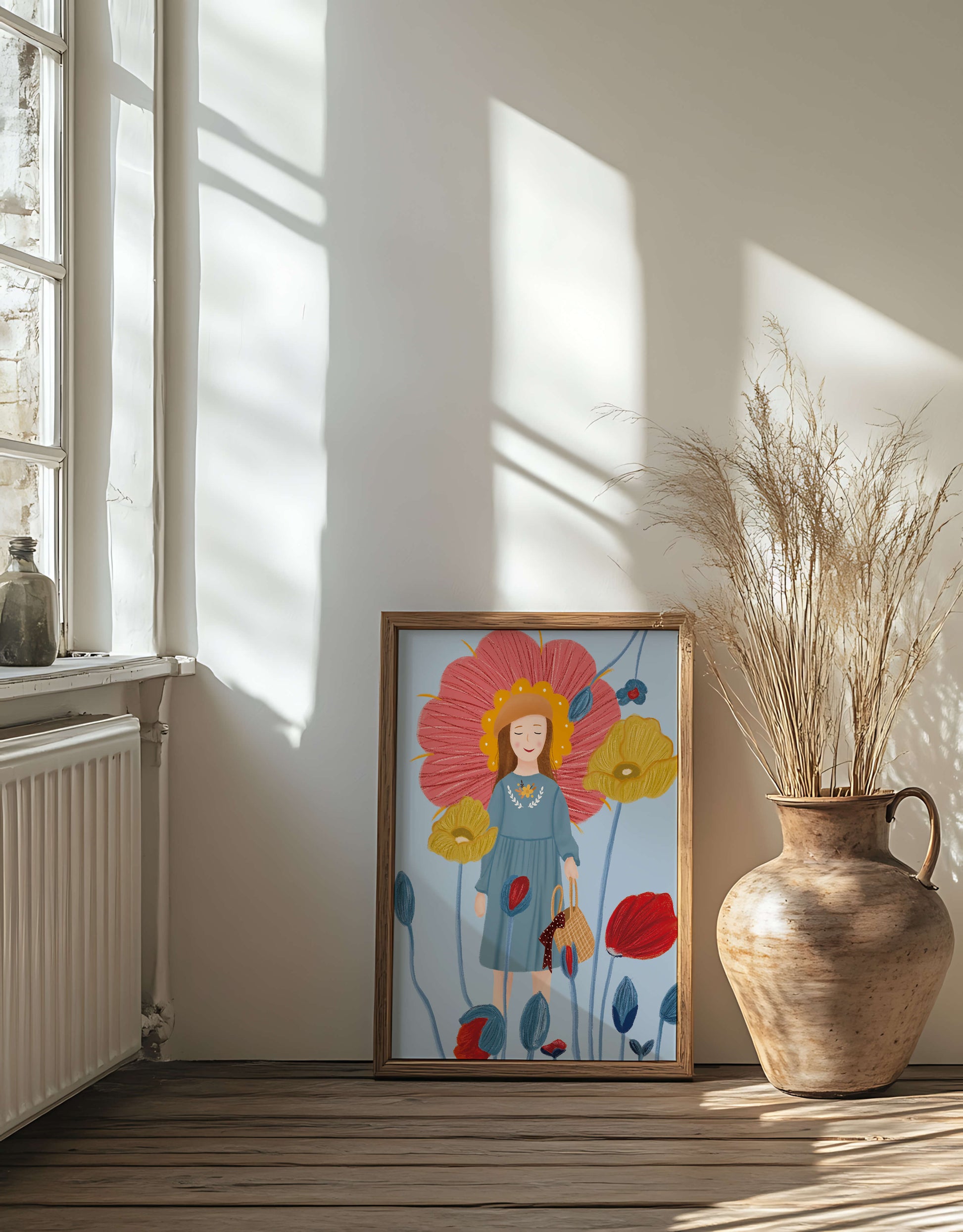 Fille dans un pays des merveilles fleuri avec des couleurs pastel et des fleurs vibrantes