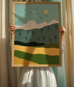 Minimalist Landscape with Hills and Sun