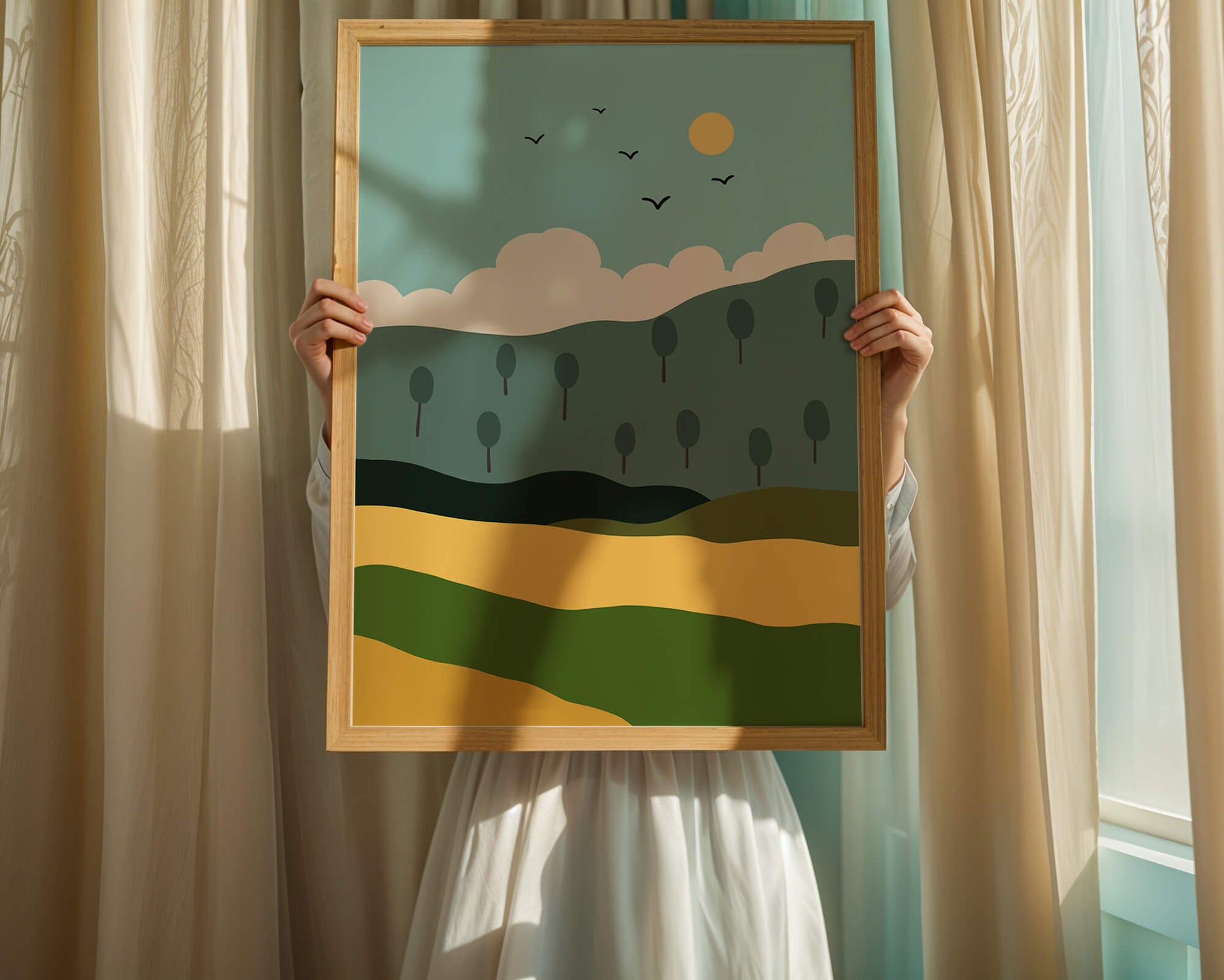 Minimalist Landscape with Hills and Sun