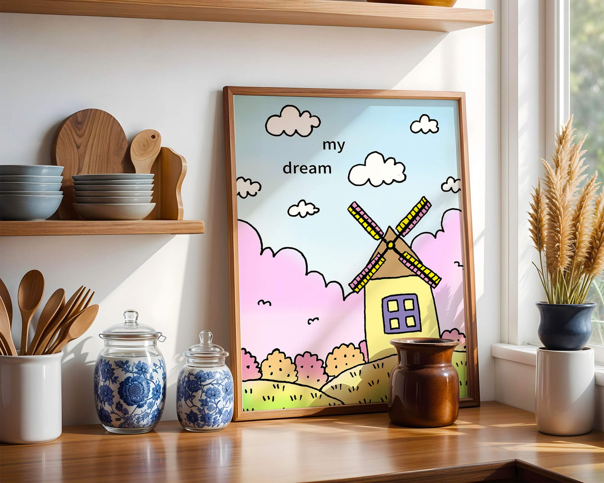 Windmill in a pastel landscape with fluffy clouds and bushes