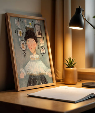 Retrato ilustrado caprichoso con elementos musicales y dorados