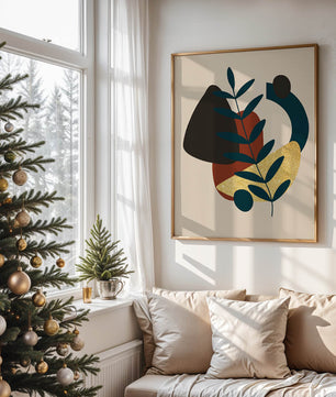 Abstract Botanical Composition with Geometric Shapes and Gold Accent - Mi tienda