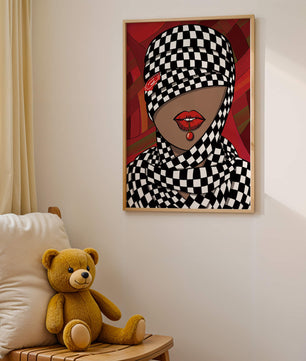 Abstract Art of Woman with Checkered Pattern and Red Lips - Mi tienda