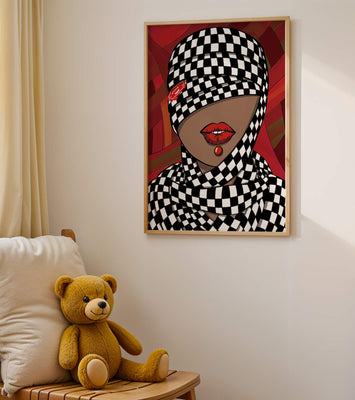 Abstract Art of Woman with Checkered Pattern and Red Lips