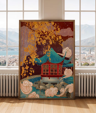 Traditional Chinese Pavilion with Gold Leaves and Clouds