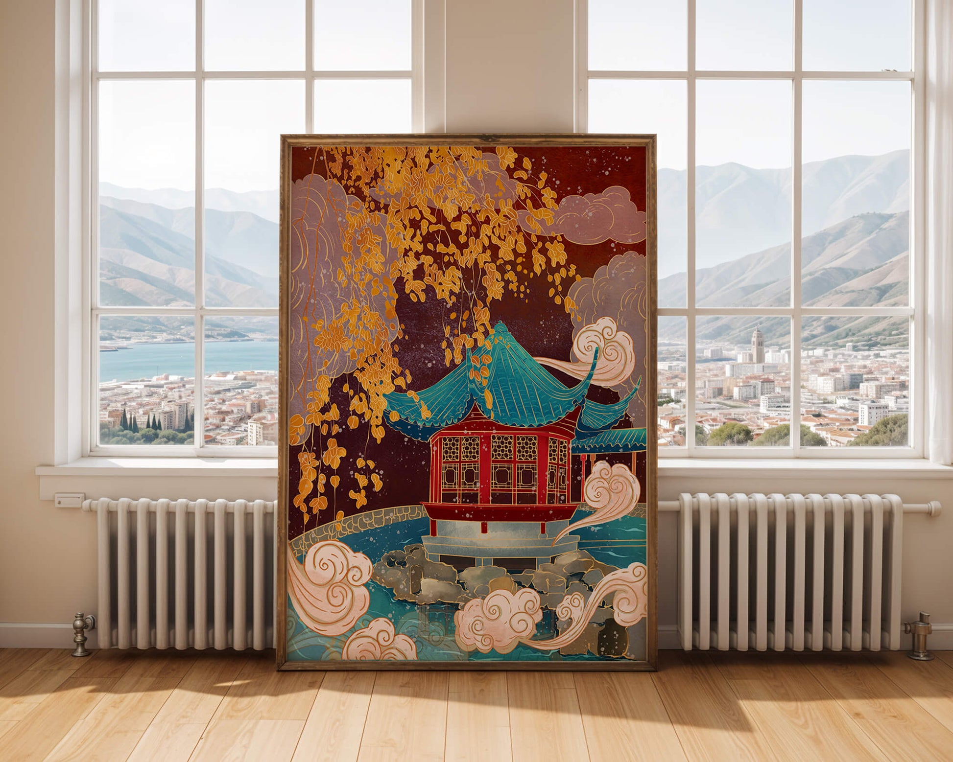 Pabellón chino tradicional con hojas doradas y nubes