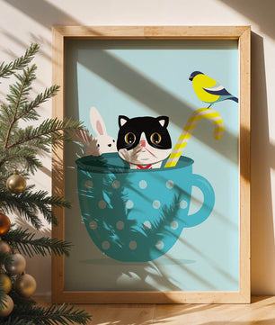 Playful illustration of cat, rabbit, and bird in a teacup