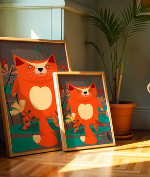 Illustration Of A Cute Orange Cat Surrounded By Stylized Trees And Plants