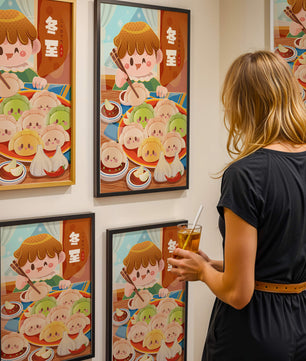 Festive cartoon illustration of a child enjoying dumplings during winter solstice