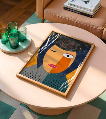 Abstract geometric portrait featuring vibrant colors and textures