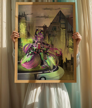 Cyberpunk-Anime-Figur im futuristischen Stadtbild 