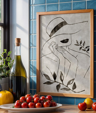 Abstract Woman in Hat with Minimalist Leaf Design