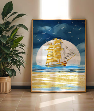 Navire à voile doré sur la mer avec des mouettes et un horizon bleu