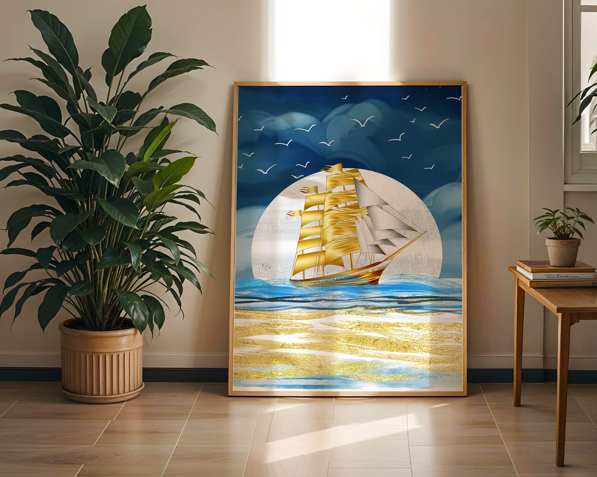 Golden Sailing Ship on the Sea with Seagulls and Blue Horizon