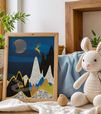 Abstract Landscape with Golden Deer and Surreal Moon