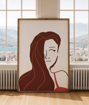 Ilustración estilizada de una mujer con cabello fluyendo y diseño minimalista
