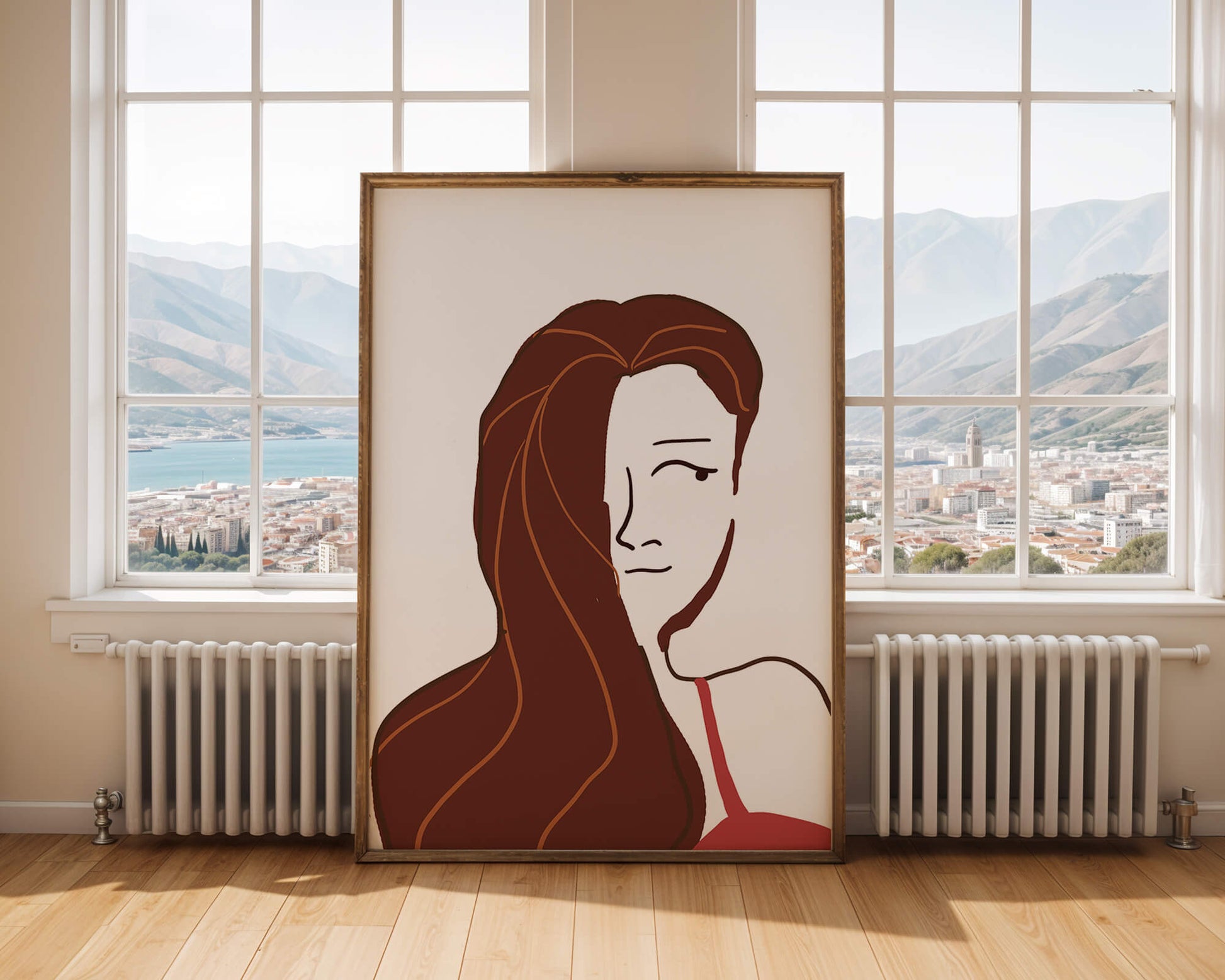 Ilustración estilizada de una mujer con cabello fluyendo y diseño minimalista