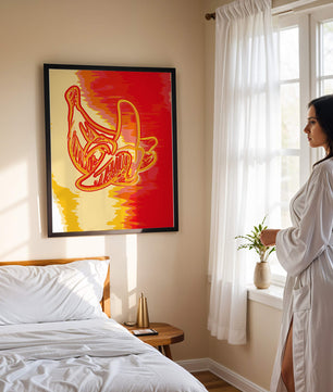 Abstract banana art with vibrant red and orange hues