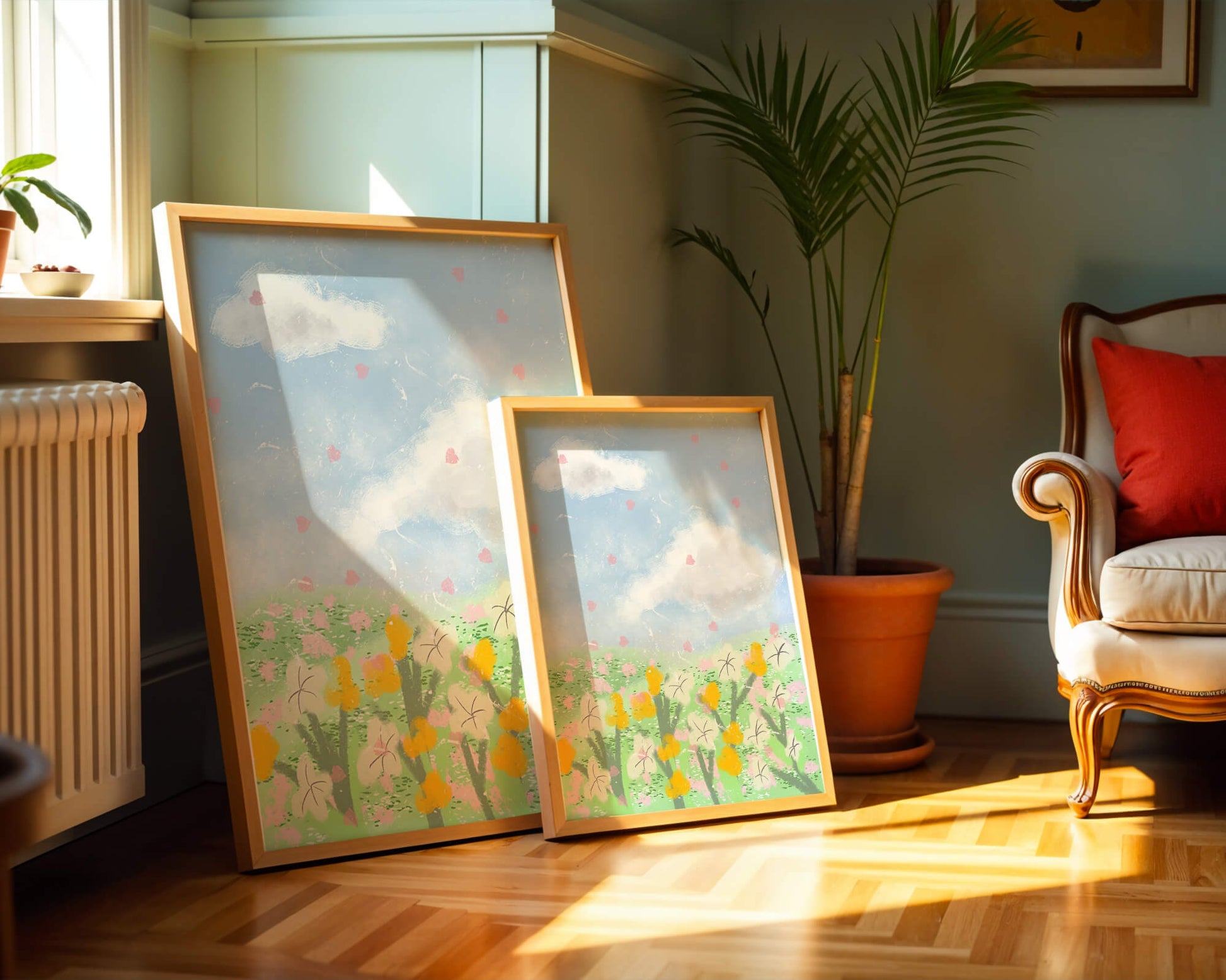 Paysage printanier avec nuages et fleurs