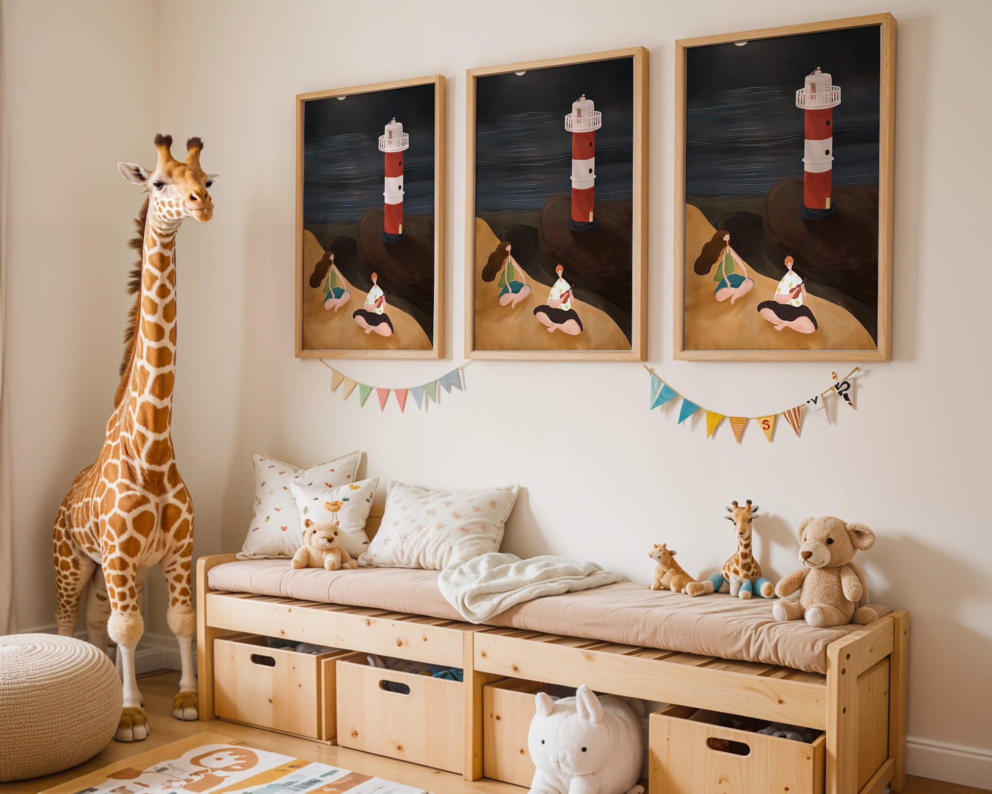 Escena de playa tranquila con faro por la noche