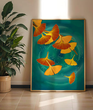 Blätter des Ginkgo-Stylings auf einem türkisfarbenen Hintergrund schweben