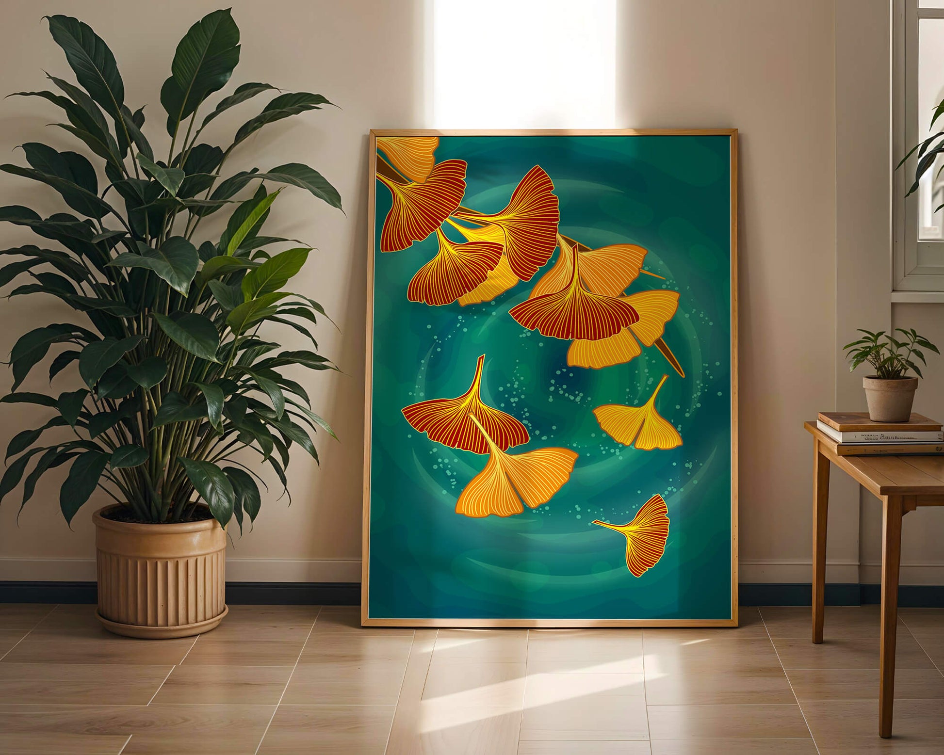 Stylized Ginkgo Leaves Floating on a Turquoise Background