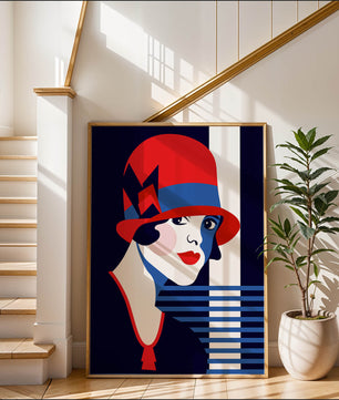 Femme élégante de style art déco avec chapeau cloche rouge et motifs géométriques
