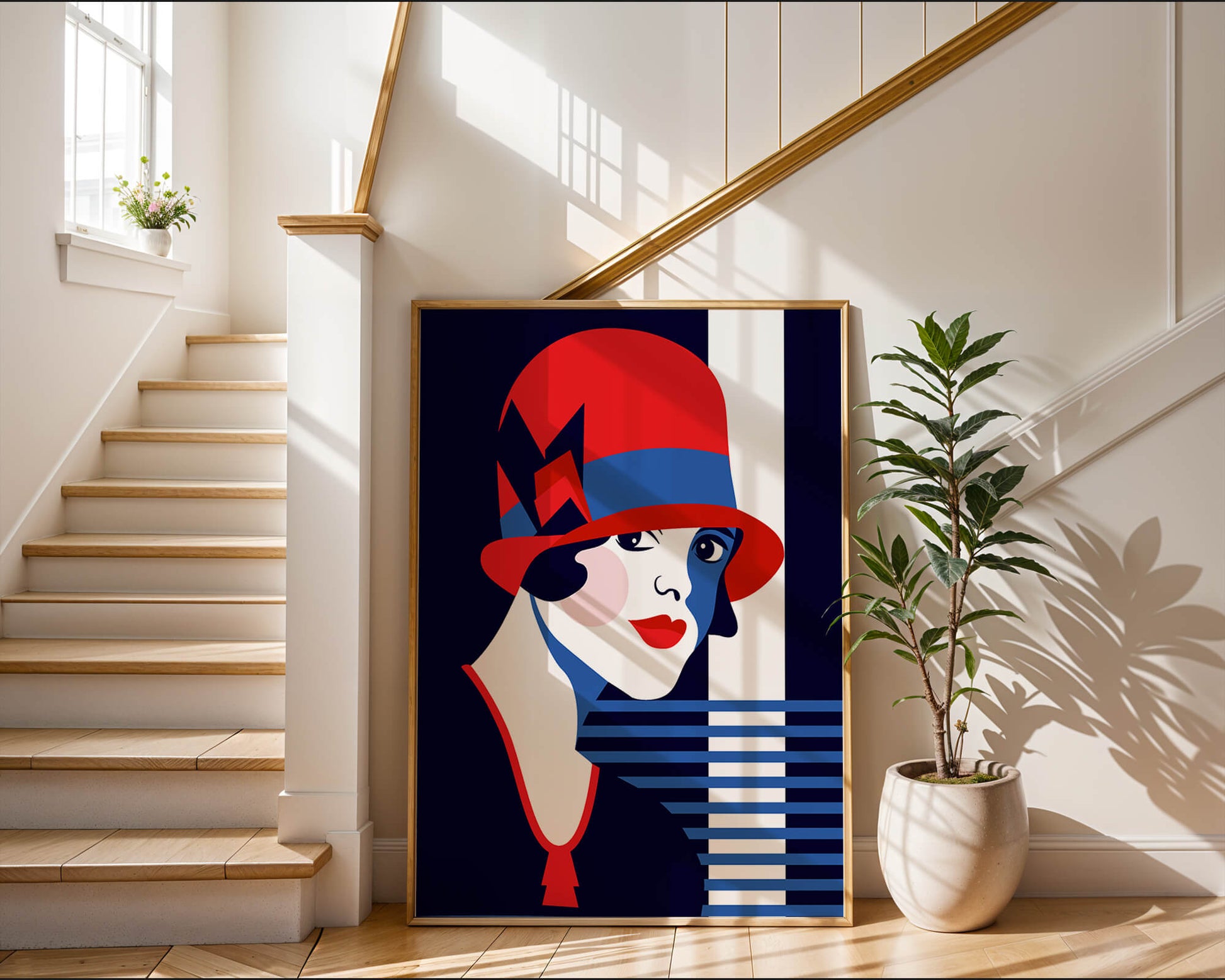 Elegante mujer de estilo art déco con sombrero cloche rojo y patrones geométricos.