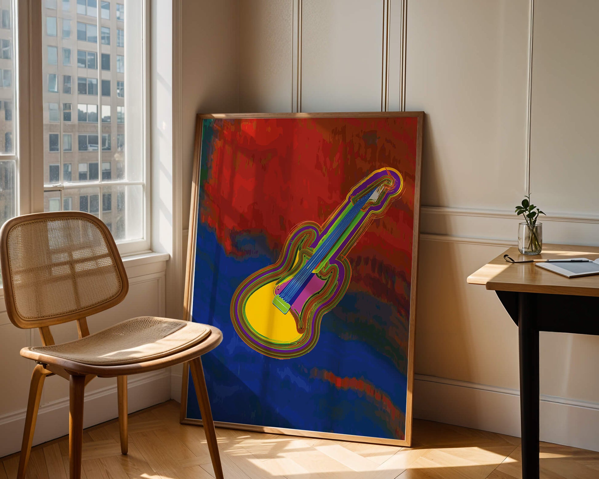 Vibrant abstract guitar illustration with bold colors