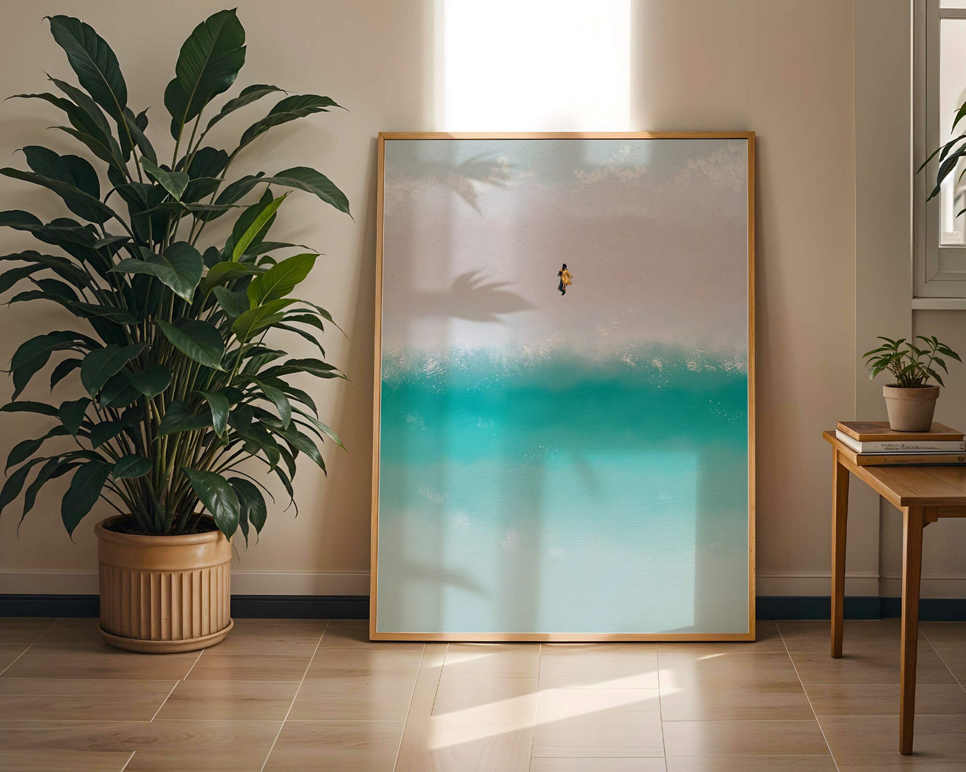 Serene beach with turquoise waves and solitary figure