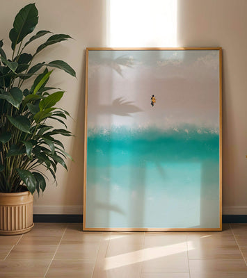 Serene beach with turquoise waves and solitary figure