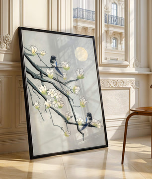 Magpies on Blooming Branches under Full Moon