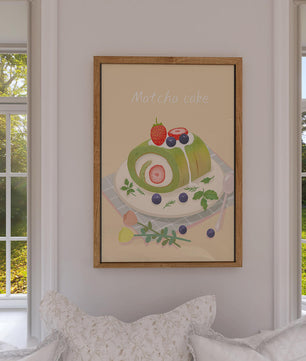Illustration of a Matcha Roll Cake with Fresh Berries on Pastel Background - Mi tienda
