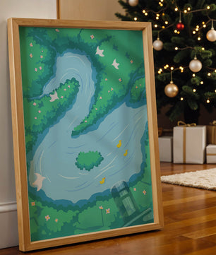 Serene River with Ducks and Birds in a Lush Landscape