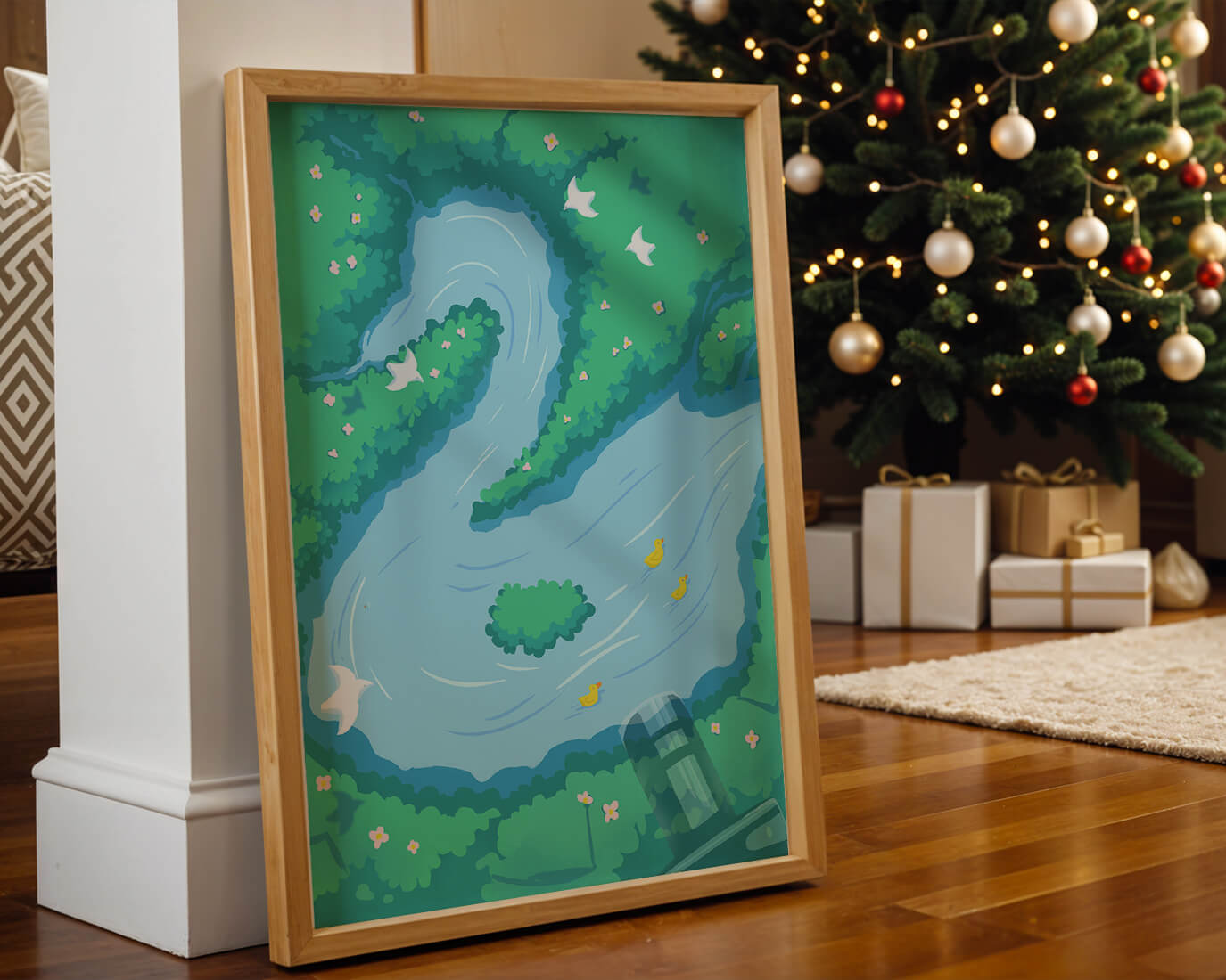 Río sereno con patos y aves en un paisaje exuberante