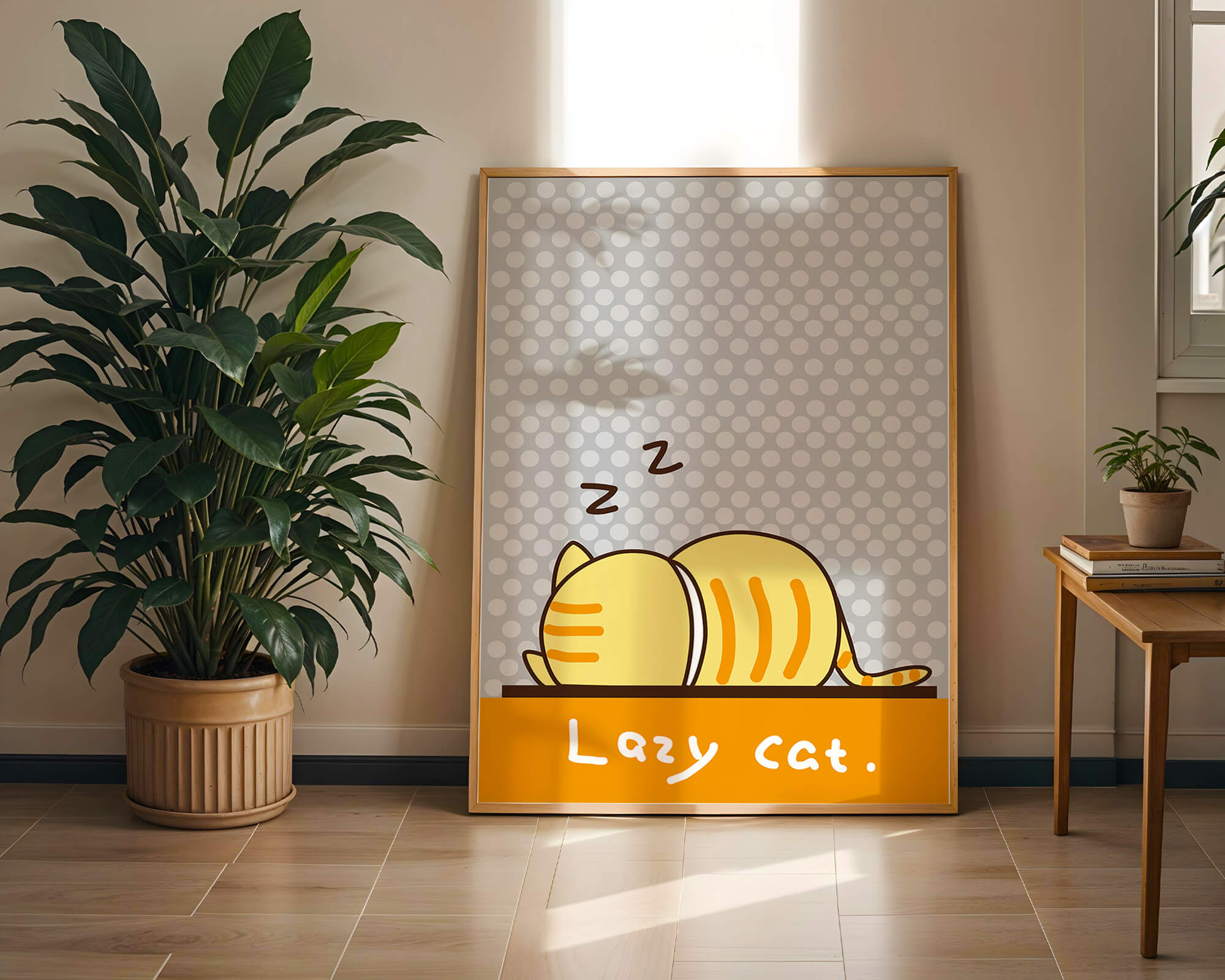 Sleeping cartoon cat with polka dot background