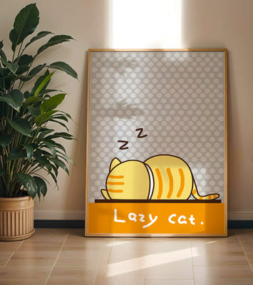 Sleeping cartoon cat with polka dot background