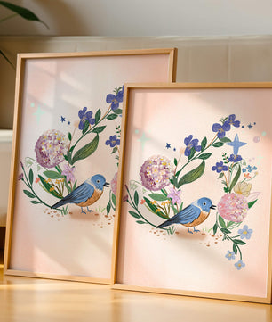 Delightful illustration of a bird amidst colorful flowers on a soft pink background