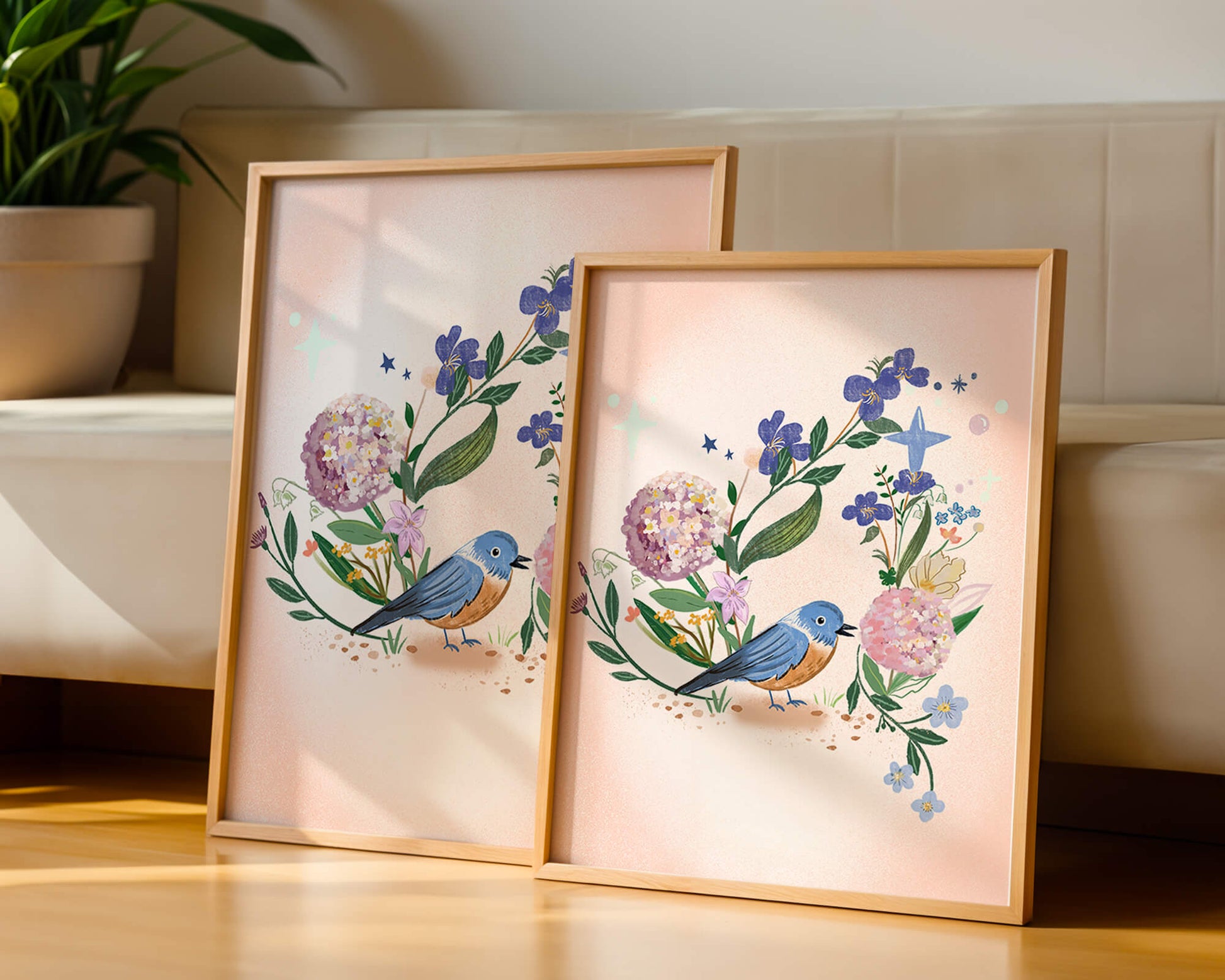 Delightful illustration of a bird amidst colorful flowers on a soft pink background
