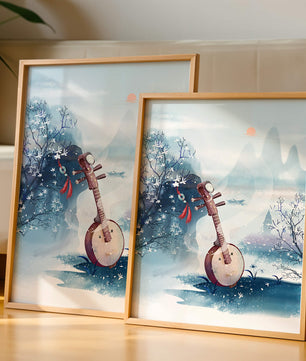 Paisaje tradicional chino con instrumento musical y flores